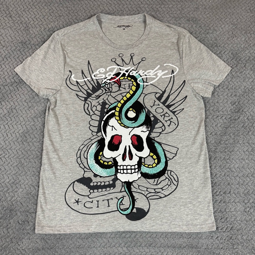 Don Ed Hardy Designs New York City Big Skull T-Shirt Rhinestone Men's Size M
